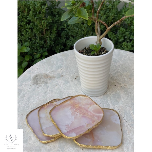 Pink Tone Agate Marble Coasters with Gold Rim