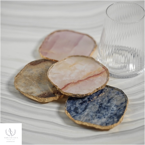 Pink Tone Agate Marble Coasters with Gold Rim - Image 5