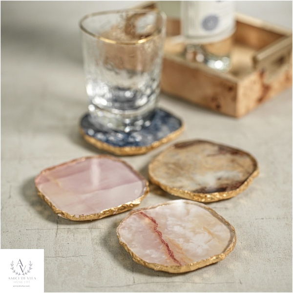 Pink Tone Agate Marble Coasters with Gold Rim - Image 6